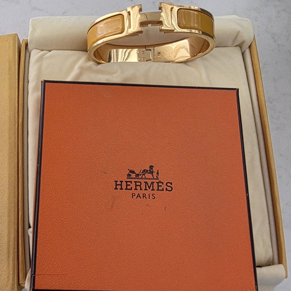 Authentic Hermes Gold & Yellow Cuff Bracelet Hermès Clic H Narrow Size PM (Petit - Picture 3 of 11